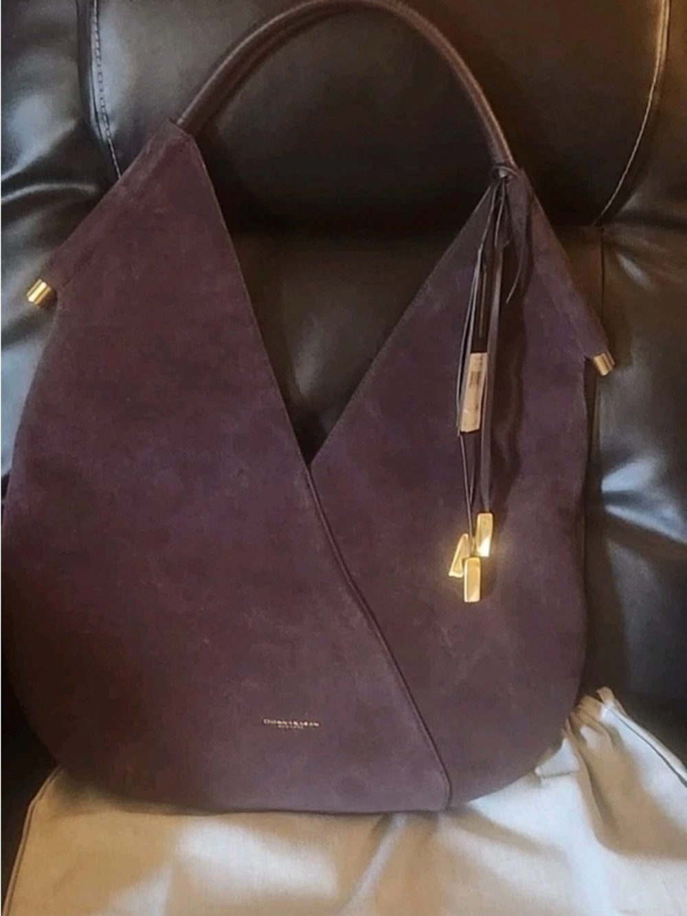 Donna Karan Plum Suede Shoulder Hobo with Gold Accents